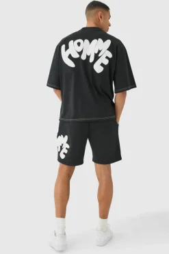 Oversized Contrast Stitch Puff Print Half Sleeve T-shirt