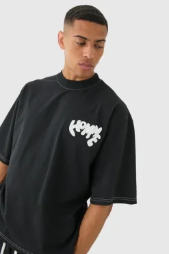 Oversized Contrast Stitch Puff Print Half Sleeve T-shirt