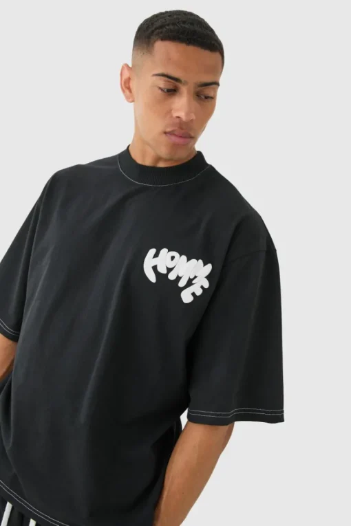 Oversized Contrast Stitch Puff Print Half Sleeve T-shirt