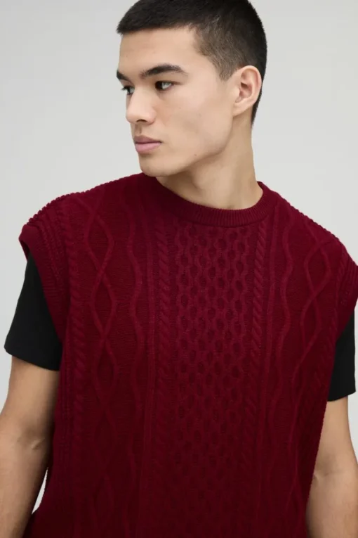 Oversized Crew Neck Cable Knitted Vest
