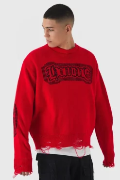 Oversized Crew Neck Homme Distressed Cross Knitted Jumper
