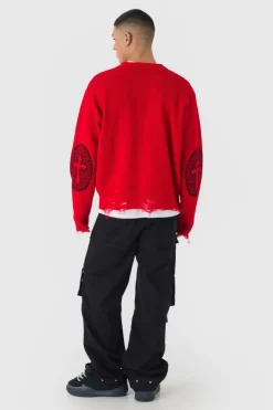 Oversized Crew Neck Homme Distressed Cross Knitted Jumper
