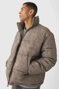 Oversized Crinkle Funnel Neck Puffer Jacket In Brown
