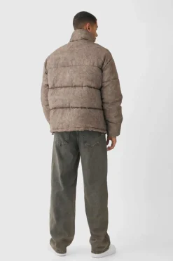Oversized Crinkle Funnel Neck Puffer Jacket In Brown