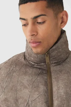 Oversized Crinkle Funnel Neck Puffer Jacket In Brown