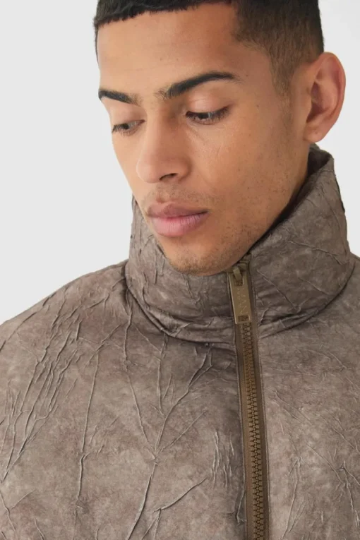 Oversized Crinkle Funnel Neck Puffer Jacket In Brown