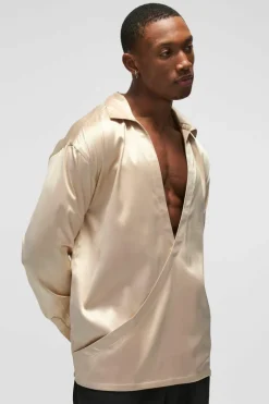 Oversized Deep V Satin Shirt