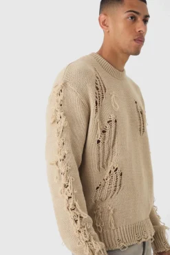 Oversized Distressed Sleeve Knitted Jumper