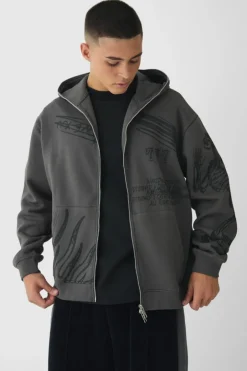 Oversized Doodle Zip Through Hoodie