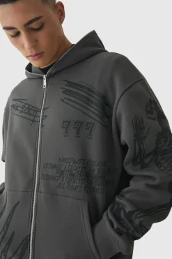Oversized Doodle Zip Through Hoodie