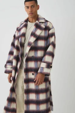 Oversized Double Breasted Brushed Check Overcoat In Burgundy