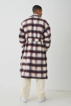 Oversized Double Breasted Brushed Check Overcoat In Burgundy