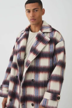 Oversized Double Breasted Brushed Check Overcoat In Burgundy