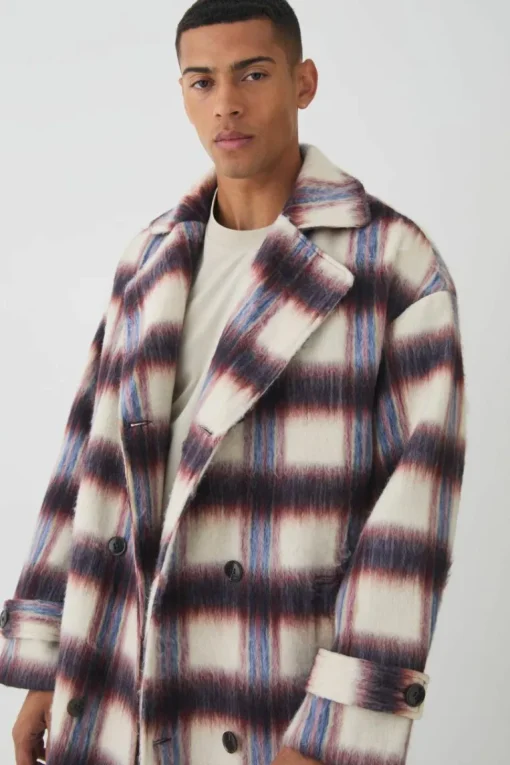 Oversized Double Breasted Brushed Check Overcoat In Burgundy