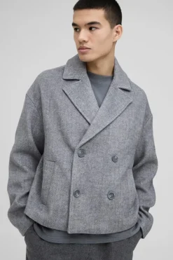 Oversized Double Breasted Cropped Overcoat In Black