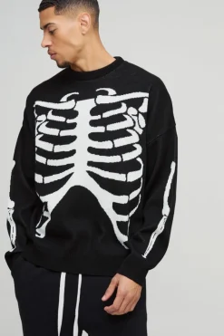 Oversized Drop Shoulder Skeleton Print Knitted Jumper