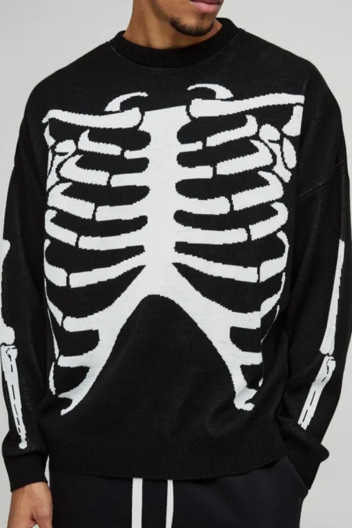 Oversized Drop Shoulder Skeleton Print Knitted Jumper