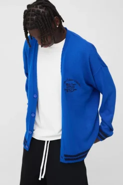 Oversized Drop Shoulder Varsity Applique Knitted Cardigan