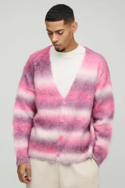 Oversized Dropped Shoulder Brushed Stripe Knitted Cardigan