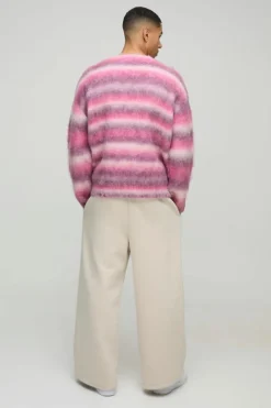 Oversized Dropped Shoulder Brushed Stripe Knitted Cardigan