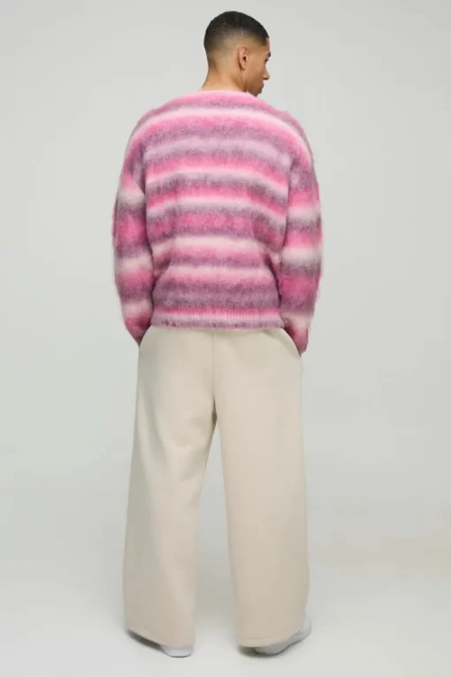 Oversized Dropped Shoulder Brushed Stripe Knitted Cardigan