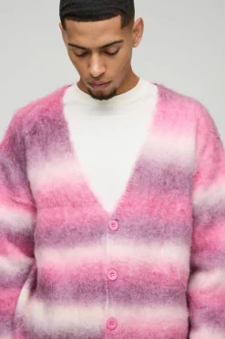 Oversized Dropped Shoulder Brushed Stripe Knitted Cardigan