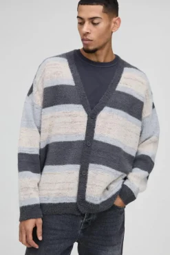 Oversized Dropped Shoulder Brushed Stripe Knitted Cardigan