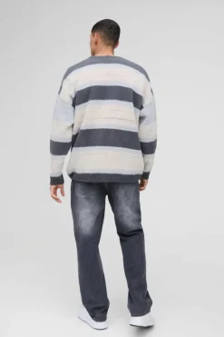 Oversized Dropped Shoulder Brushed Stripe Knitted Cardigan