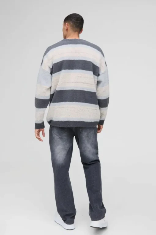 Oversized Dropped Shoulder Brushed Stripe Knitted Cardigan