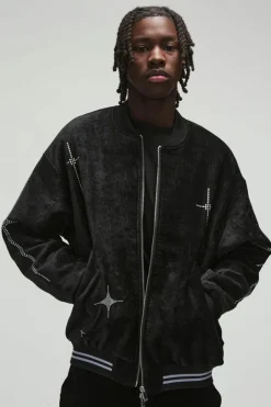 Oversized Dropped Sleeve Velour Rhinestone Graphic Bomber Jacket