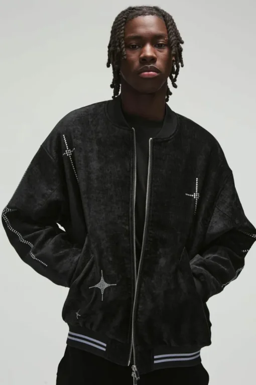 Oversized Dropped Sleeve Velour Rhinestone Graphic Bomber Jacket