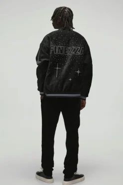 Oversized Dropped Sleeve Velour Rhinestone Graphic Bomber Jacket