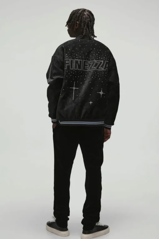 Oversized Dropped Sleeve Velour Rhinestone Graphic Bomber Jacket