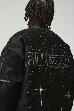 Oversized Dropped Sleeve Velour Rhinestone Graphic Bomber Jacket