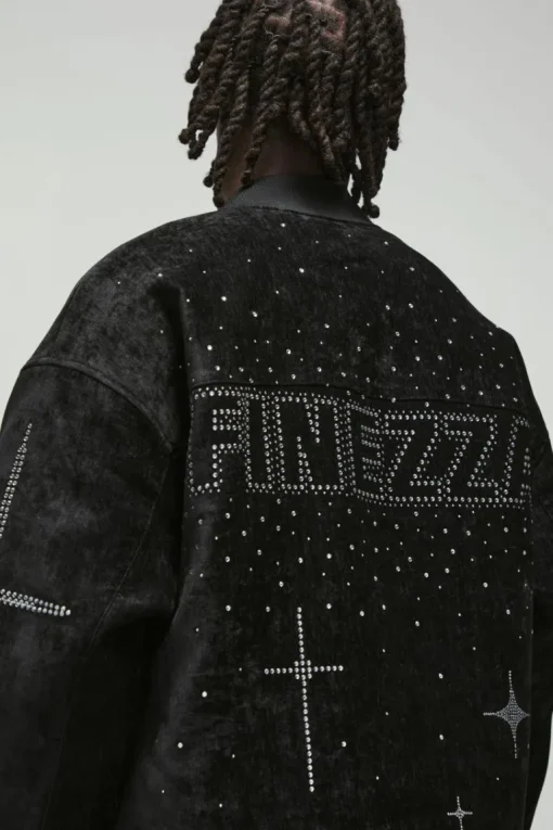 Oversized Dropped Sleeve Velour Rhinestone Graphic Bomber Jacket