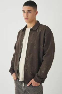 Oversized Embroidered Paisley Harrington Jacket