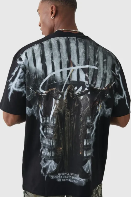 Oversized Extended Neck Extreme Gothic Back Graphic T-shirt