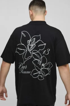 Oversized Extended Neck Line Drawn Floral Print T-Shirt