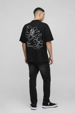 Oversized Extended Neck Line Drawn Floral Print T-Shirt