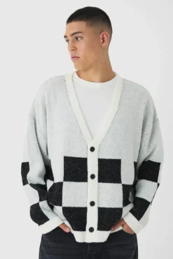 Oversized Fisherman Rib Boucle Checkered Knitted Cardigan