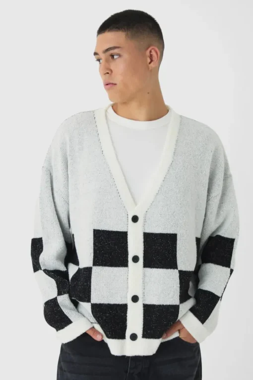 Oversized Fisherman Rib Boucle Checkered Knitted Cardigan