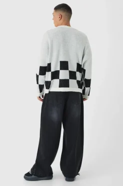 Oversized Fisherman Rib Boucle Checkered Knitted Cardigan