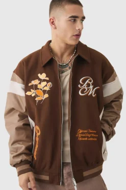 Oversized Floral Badge Collared Varsity Jacket In Brown