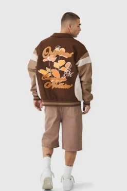 Oversized Floral Badge Collared Varsity Jacket In Brown