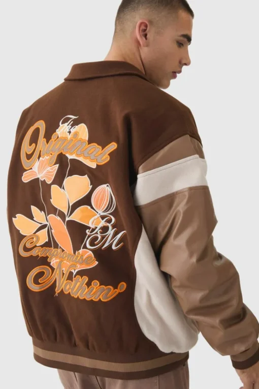 Oversized Floral Badge Collared Varsity Jacket In Brown