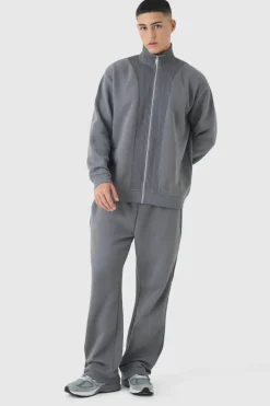 Oversized Funnel Neck Thick Rib Detail Zip Through Tracksuit