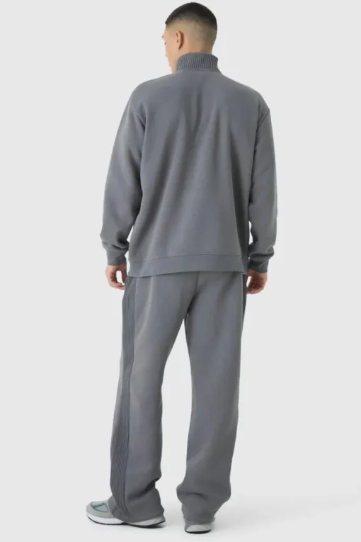 Oversized Funnel Neck Thick Rib Detail Zip Through Tracksuit