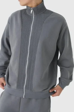 Oversized Funnel Neck Thick Rib Detail Zip Through Tracksuit
