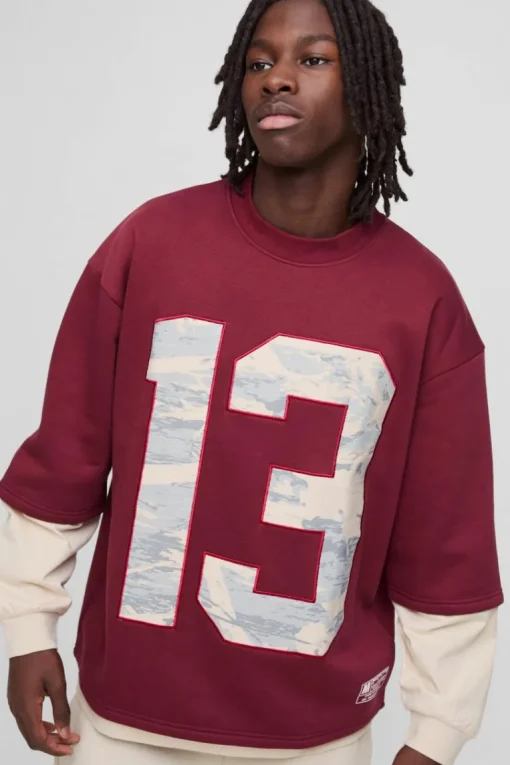 Oversized Half Sleeve Faux Layer 13 Applique Sweatshirt