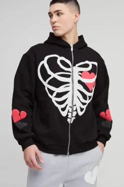 Oversized Heart Skeleton Puff Print Zip Through Hoodie